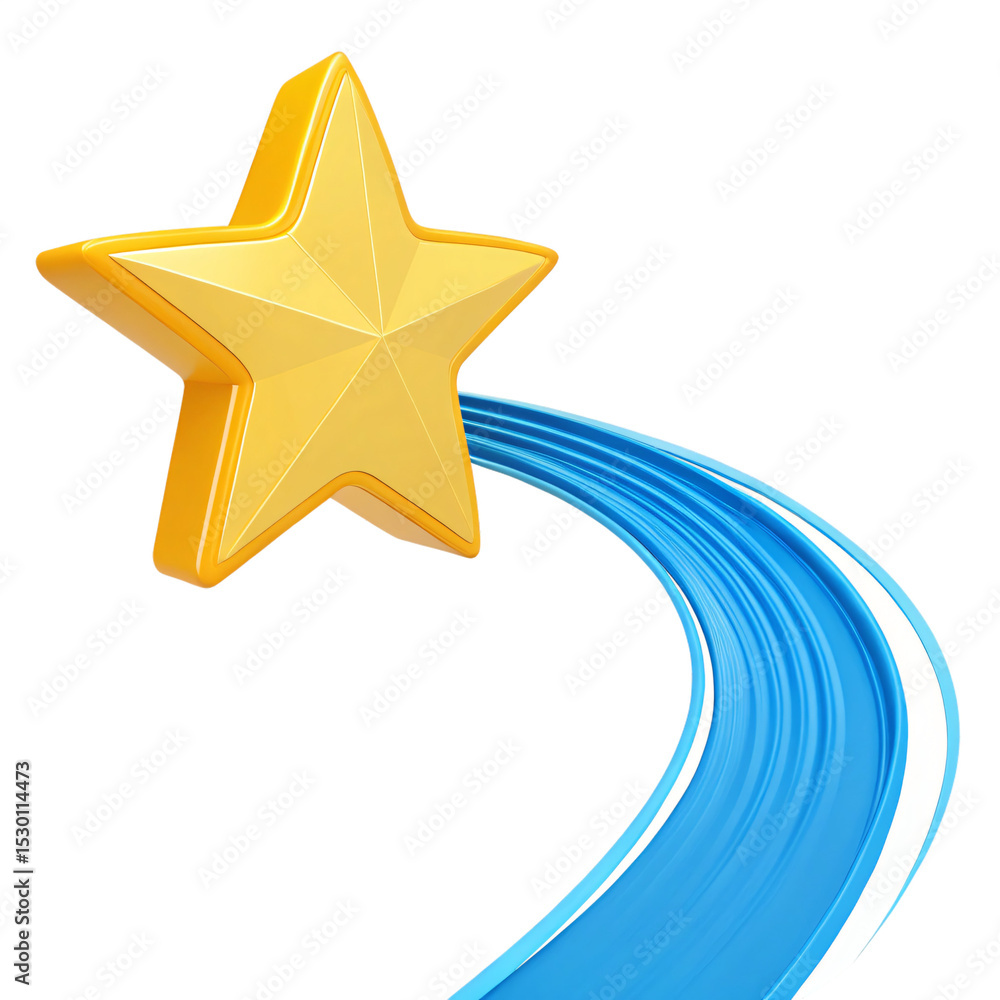 Fototapeta premium shooting yellow star with blue tail isolated transparent png, glowing comet star with curved trail