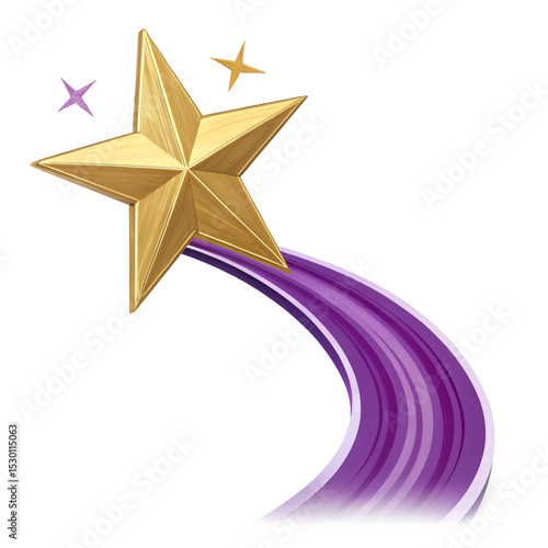 gold star with purple trail isolated transparent png, shiny golden shooting star with curved tail