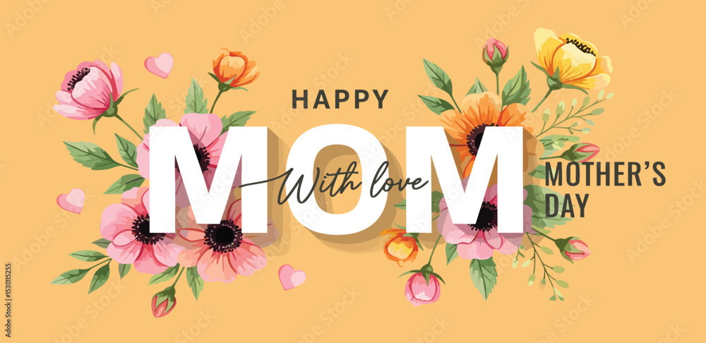 Naklejka premium Trendy Mother's Day card, banner, poster, flyer, label or cover with flowers frame, abstract floral pattern in mid century art style. Spring summer bright abstract floral design template for ads promo