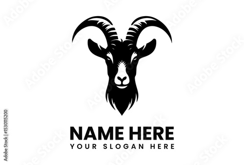 Detailed black silhouette vector logo of a strong goat head with large curved horns for farming and agriculture branding