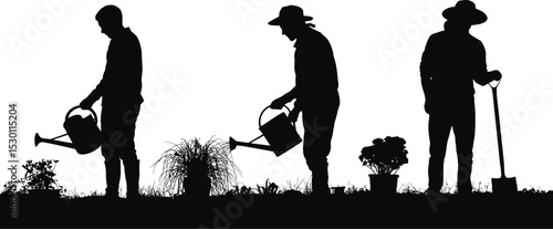 Silhouettes of gardeners tending to plants with watering cans and a shovel