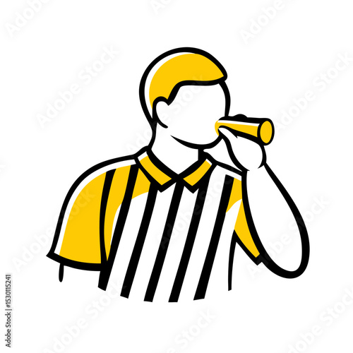 Referee in Striped Shirt Blowing Whistle During a Sporting Event
