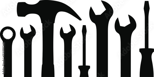 Silhouette of various hand tools including wrenches hammer and screwdrivers
