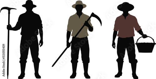 Three farmers silhouettes holding farming tools on a white background image