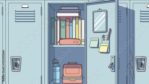 Illustration of school locker with books, lunchbox and water bottle - back to school