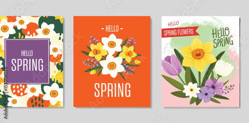 Wallpaper Mural Spring set of the cutest cards or posters for the spring holiday with wildflowers, Narcissus flower, Crocus flowers. Hand drawn Floral art templates for Womens Day March 8, birthday and Mothers . Torontodigital.ca