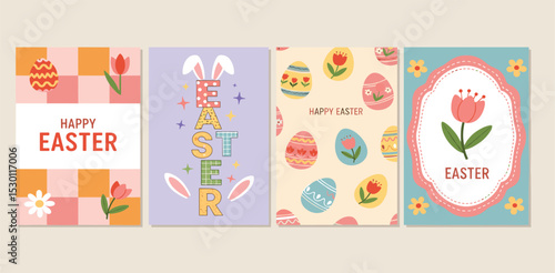 Happy Easter Set of cute greeting card, poster, holiday cover or web banner. Trendy design with typography, hand drawn flowers and Easter eggs in geometric style with doodles. 