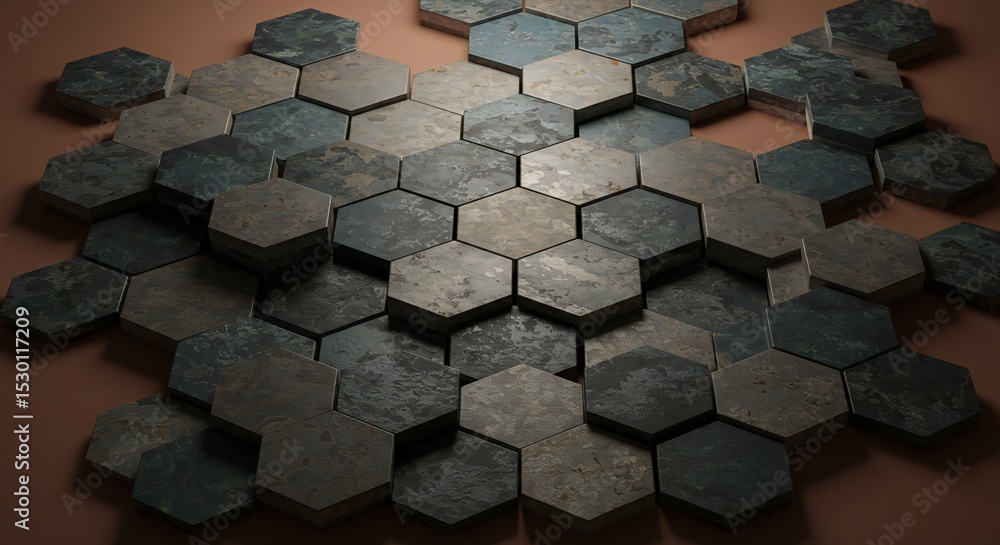 Hexagonal tiles, dark blue and grey tones, textured surface, dramatic lighting enhances depth, warm background, geometric layout. Hexagonal tiles, dark blue and grey tones, textured surface, dramatic lighting enhances depth, warm background, geometric layout.
