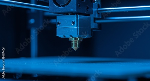 Close-up of a brass 3D printer nozzle under blue lighting, showcasing detailed extruder mechanics. Emphasize reflections, sharp focus, and a high-tech atmosphere.