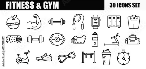 A set of 20 fitness and gym outline icons, like an apple with a measuring tape, bicep, dumbbells, jump rope, smartwatch, lockers, scale, yoga mat, resistance band, pull-up bar, shaker bottle, and othe