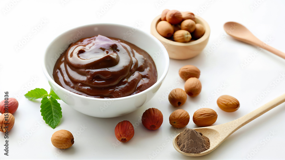 Smooth chocolate cream in white bowl isolated on white background with nuts and wooden spoon. For food blogs, dessert recipes, and ingredient presentations. Smooth chocolate cream in white bowl isolated on white background with nuts and wooden spoon. For food blogs, dessert recipes, and ingredient presentations.