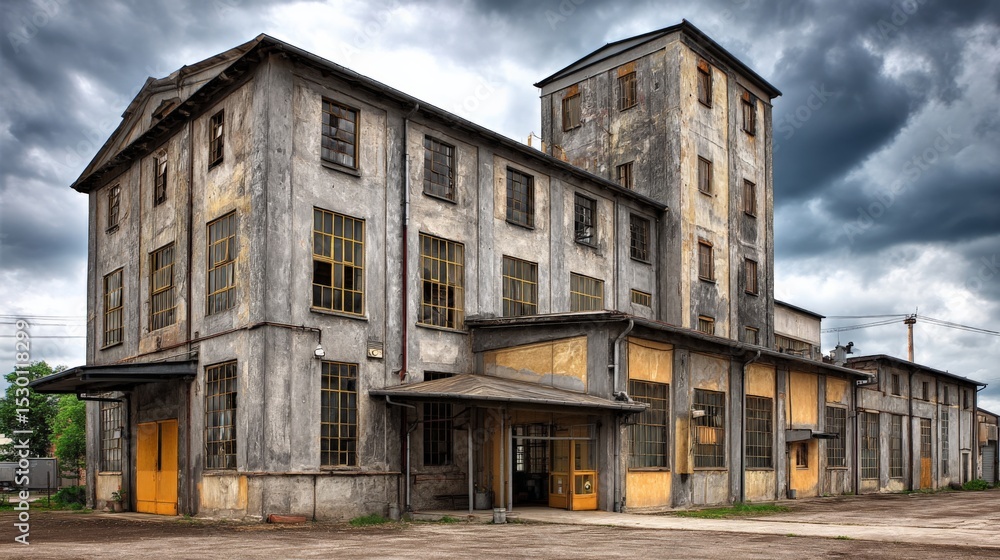 An old industrial building with weathered concrete walls under a cloudy sky An old industrial building with weathered concrete walls under a cloudy sky