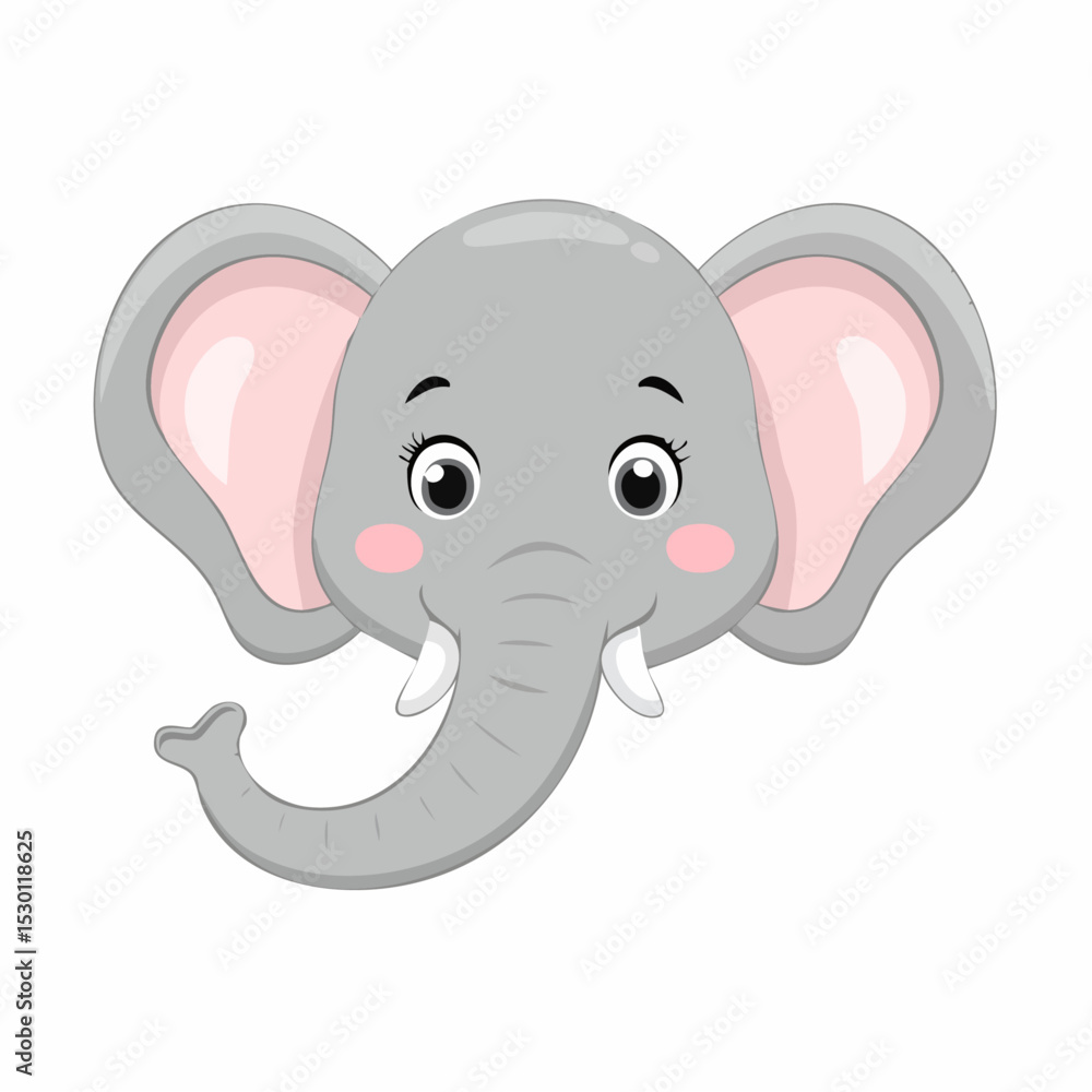 Fototapeta premium Adorable cartoon elephant head illustration on white background with cute expression