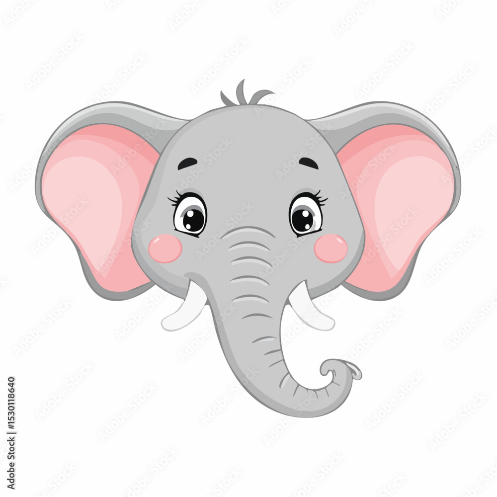 Naklejka premium Adorable cartoon illustration of a cute elephant head with big eyes and pink ears