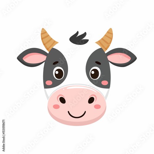 Adorable cartoon illustration of a smiling cow face on a white background