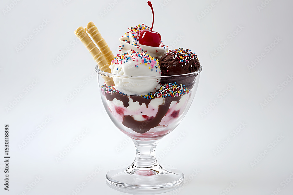 Delicious Sundae Dessert with Vanilla and Chocolate Ice Cream Toppings Sprinkles Wafer Cookies Delicious Sundae Dessert with Vanilla and Chocolate Ice Cream Toppings Sprinkles Wafer Cookies
