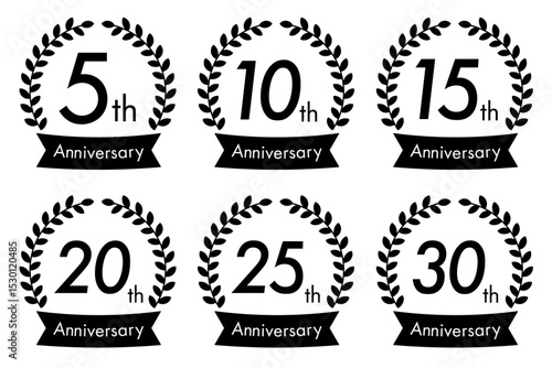 5周年・10周年・15周年・20周年・25周年・30周年のアニバーサリーロゴ(anniversarry logo エンブレム 月桂樹 お祝い ベクター 編集可能 シンプル モノクロ)	