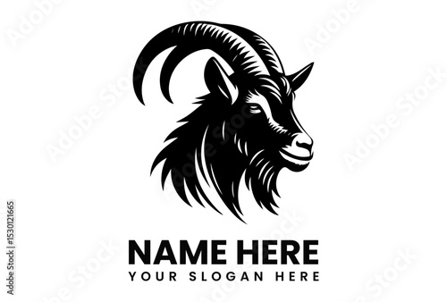 Black silhouette vector logo of a powerful goat head with prominent curved horns representing farm strength