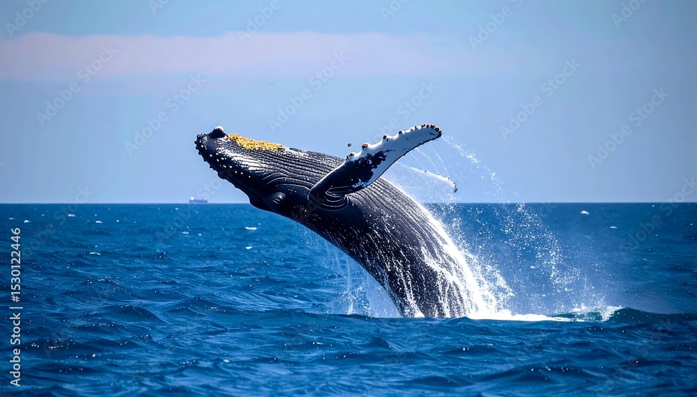 Fototapeta premium Humpback whale breaches ocean with blue sky.