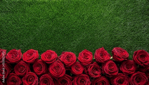 red silk roses and artificial green grass form a bottom border good for the running of the thoroughbred race called the kentucky derby copy space