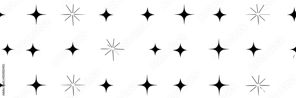 Obraz premium A seamless pattern of black sparkle or twinkle star icons on a white background. The uniform vector design features varying styles of starbursts, ideal for decoration, design, or festive themes.