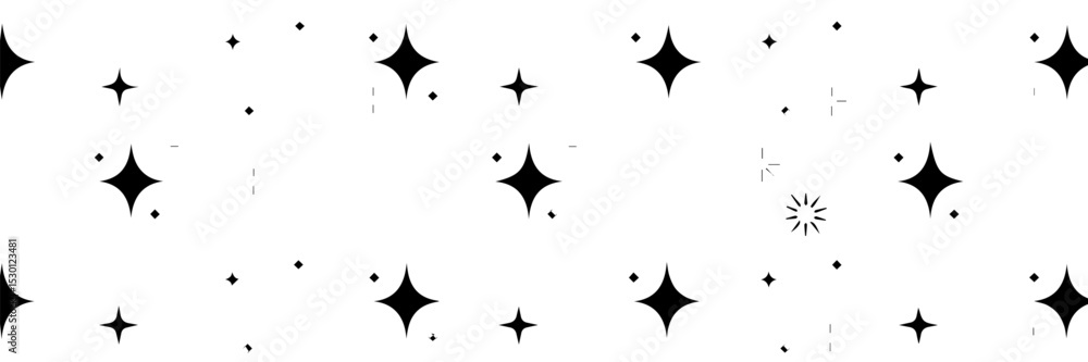 Fototapeta premium A seamless pattern of black sparkle or twinkle star icons on a white background. The uniform vector design features varying styles of starbursts, ideal for decoration, design, or festive themes.