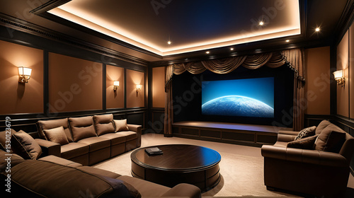 home interior theater set with scenic elements, theatrical lighting and furniture