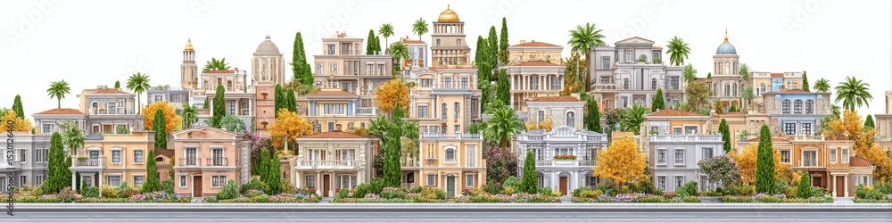 Fototapeta premium Picturesque Mediterranean Coastal Town with Colorful Buildings and Lush Greenery
