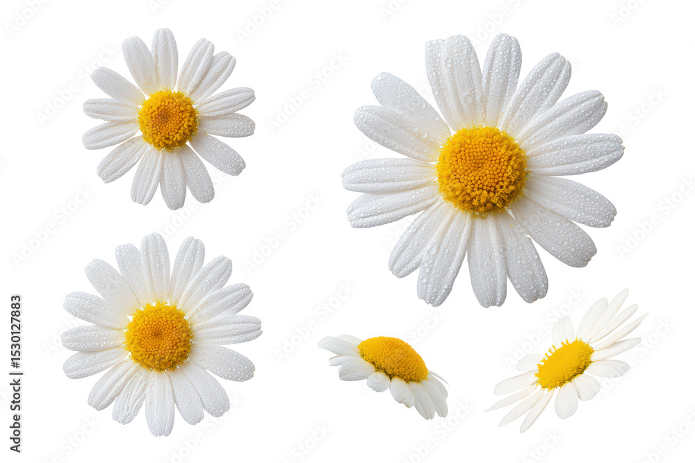 Fototapeta premium Flat-lay studio photo of feverfew flowers symmetrically arranged, soft lighting, top-down angle, isolated on black backdrop revealing tiny white petals and golden discs