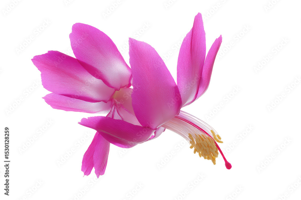 Flat-lay composition of single Christmas cactus (Flor-de-maio) bloom in vivid fuchsia, bright lighting, top-down view, white background highlighting elegant tubular petals Flat-lay composition of single Christmas cactus (Flor-de-maio) bloom in vivid fuchsia, bright lighting, top-down view, white background highlighting elegant tubular petals