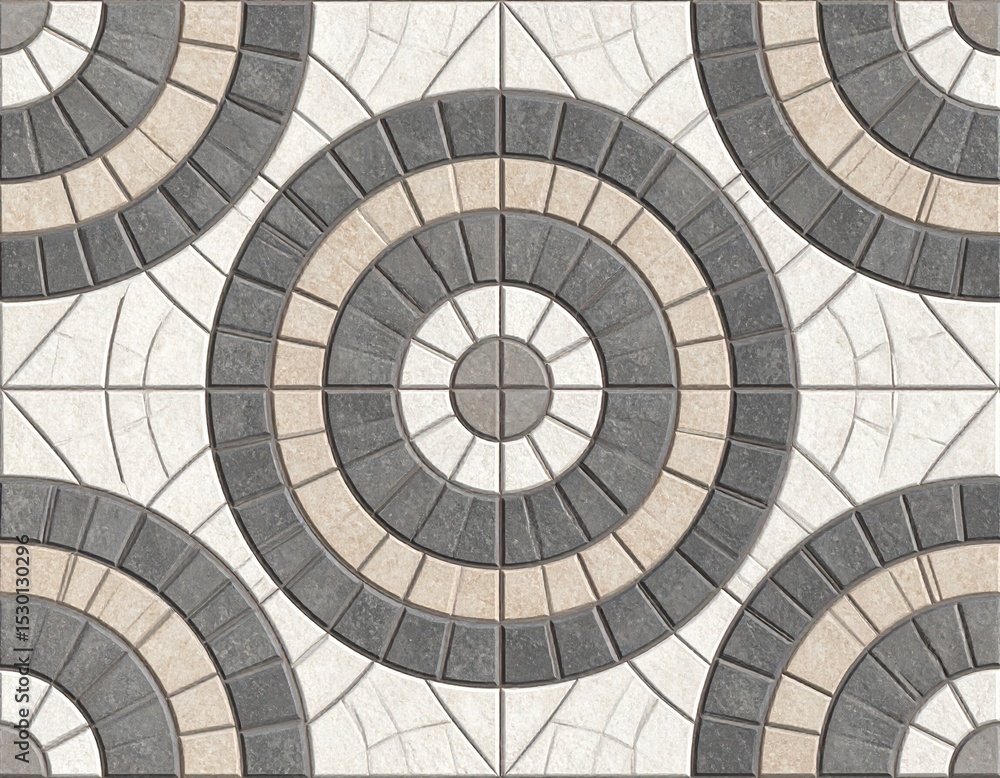 Fototapeta premium アンティーク風サークル石タイル床｜Antique Circle Stone Tile Flooring