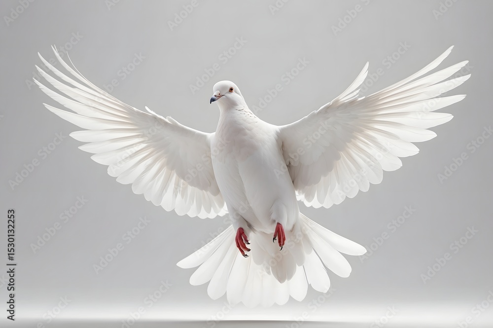 Fototapeta premium A white dove in mid-flight against a plain backdrop