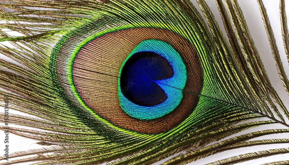Naklejka premium Peacock feather closeup with white background.