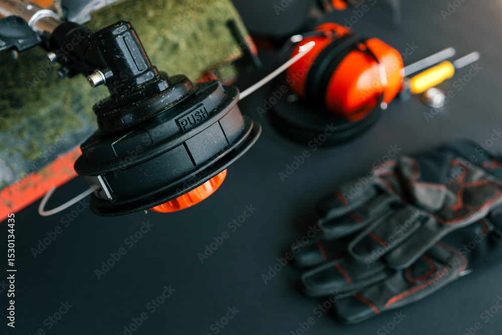 Naklejka premium Close up view of brush cutter trimmer head with safety gloves, ear muffs, screwdriver and nut on dark background, focus on cutting tool and gardening equipment