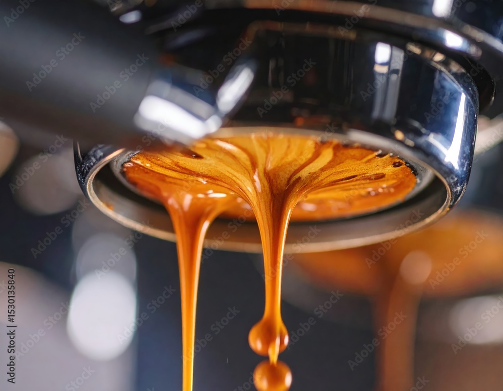 Editorial AI Generated - Close-up of coffee brewing process with rich espresso flowing from a portafilter into a cup in a coffee shop setting Editorial AI Generated - Close-up of coffee brewing process with rich espresso flowing from a portafilter into a cup in a coffee shop setting