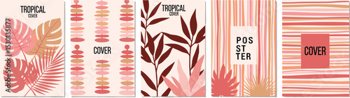 Creative concept of summer bright covers, cards or posters in minimal style for corporate identity, branding, social media ads, promo. Modern design template with tropical leaves and geometric pattern