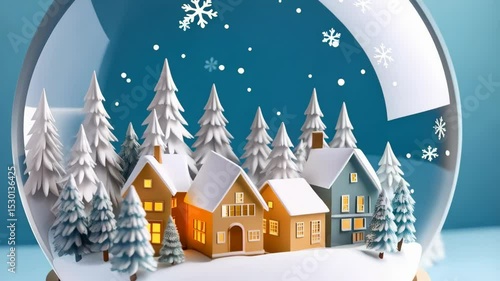 Winter scene with snow globe showcasing houses and evergreen trees on a light blue surface with light background.