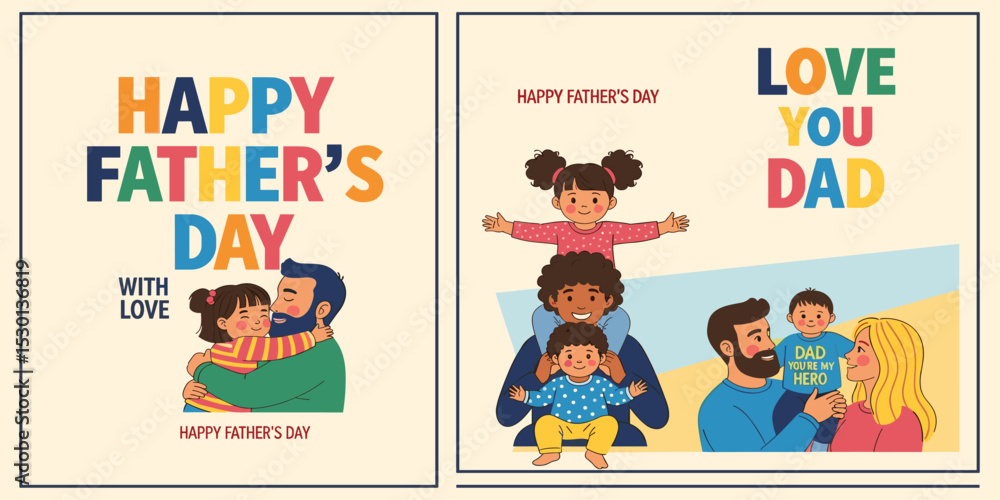 Fototapeta premium Fathers Day card set with cute trendy flat illustrations of dad with son, with daughter, family portrait and modern typography. Father's Day templates for ads, poster, cover, banner, social media