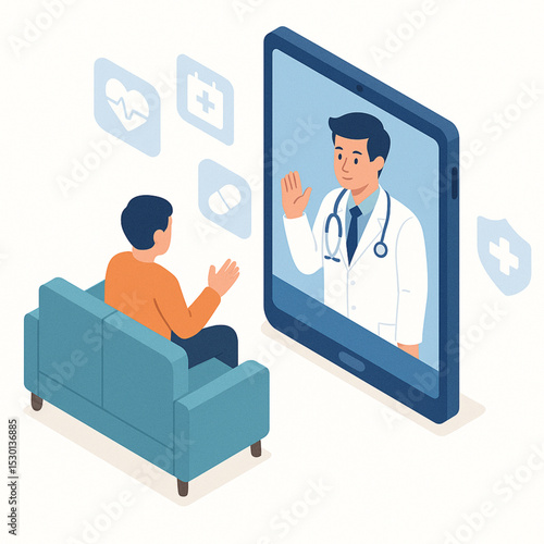 Telemedicine Consultation – Isometric Vector of Patient and Doctor Video Call