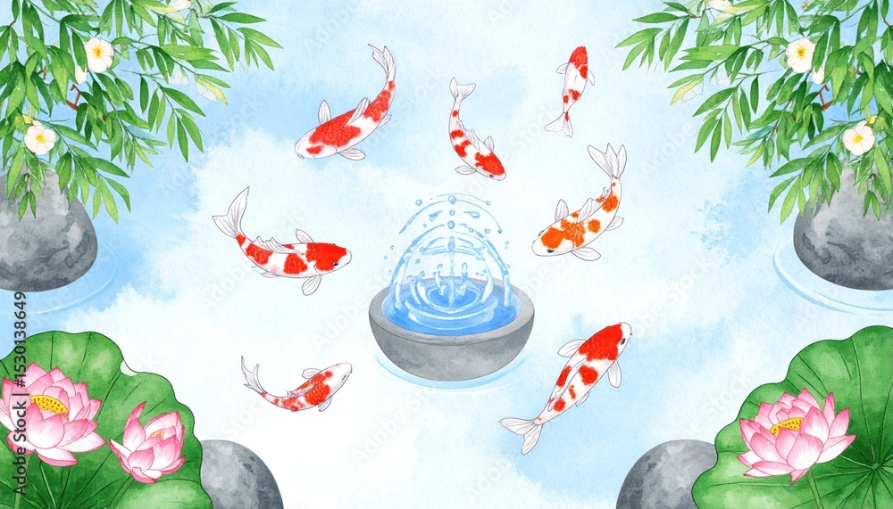 Watercolor rendition of a serene Koi pond with fountain and floral accents Watercolor rendition of a serene Koi pond with fountain and floral accents