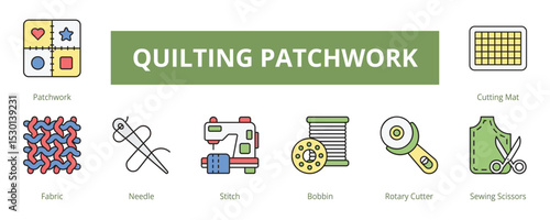 Quilting Patchwork Lineal Color Banner Web Icon Set Vector Illustration, Patchwork Fabric Needle Stich Bobbin Rotary Cutter Sewing Scissors Cutting Mat