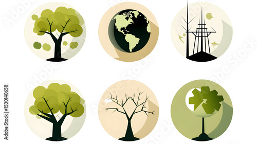 Eco Icons Set Representing Nature, Environment and Renewable Energy Sources