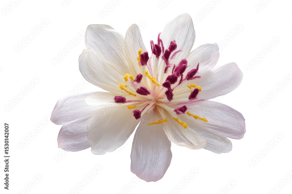 Commercial flat-lay multicolor silk-flower composition, no background Commercial flat-lay multicolor silk-flower composition, no background