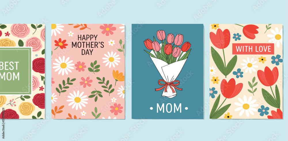 Fototapeta premium Mothers Day card set. Trendy posters, web banners or covers with wildflowers, daisies, roses, tulips bouquet. Hand drawn Floral art templates for Womens Day March 8, birthday and Mothers Day 