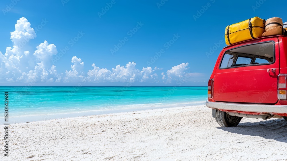 Red car is parked on a beach with a yellow bag on top of it. The beach is calm and peaceful, with the ocean in the background. The car and the bag suggest that someone is on vacation Red car is parked on a beach with a yellow bag on top of it. The beach is calm and peaceful, with the ocean in the background. The car and the bag suggest that someone is on vacation