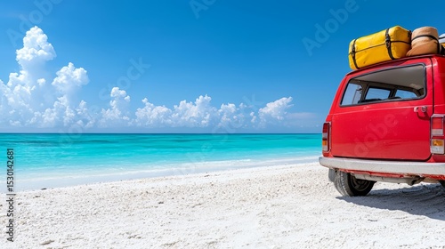 Fototapeta Naklejka Na Ścianę i Meble -  Red car is parked on a beach with a yellow bag on top of it. The beach is calm and peaceful, with the ocean in the background. The car and the bag suggest that someone is on vacation