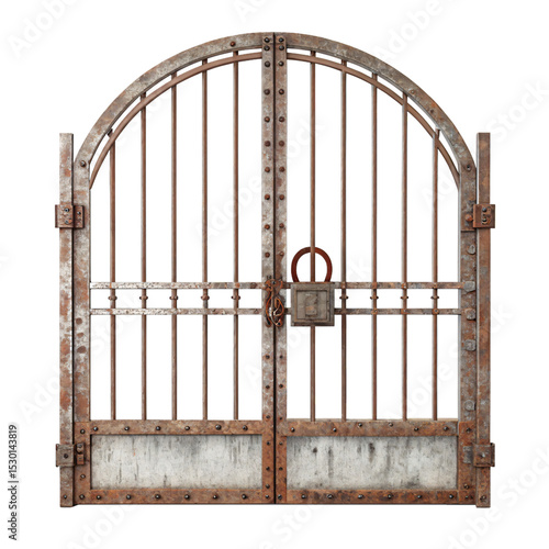 rusted arched metal gate with vertical bars and padlock isolated transparent background png, old iron gate with curved top and central lock