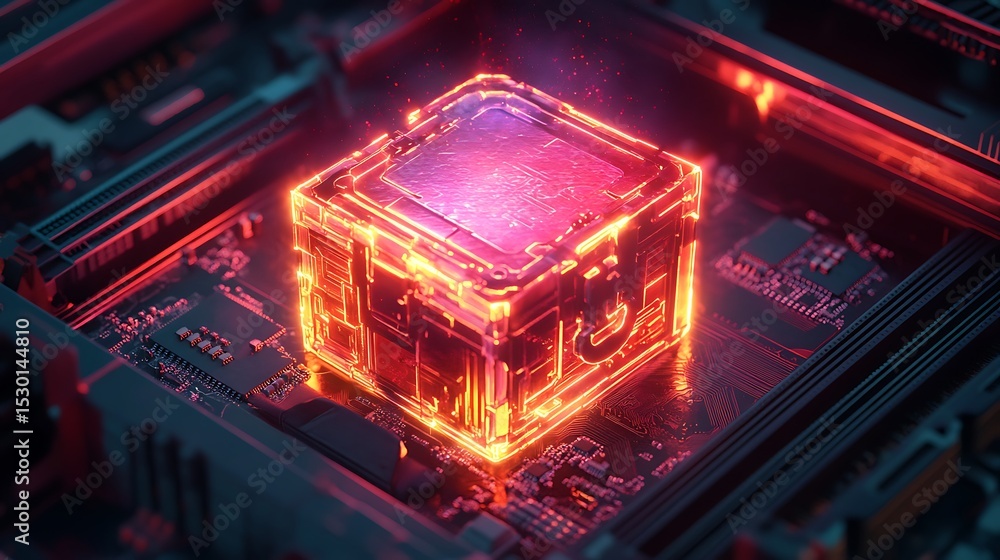 Obraz premium Glowing Circuitry Box on Motherboard Close-up Red and Purple