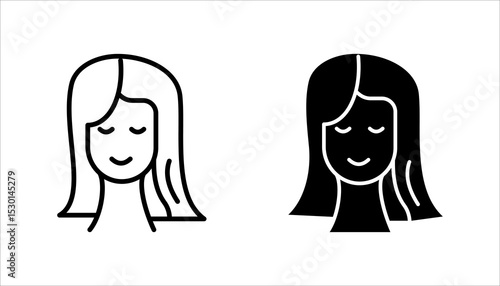 Aesthetic cosmetology line icon set, vector pictogram of shiny skin, anti age skin care. Hapy woman illustration, sign for plastic surgery clinic.
