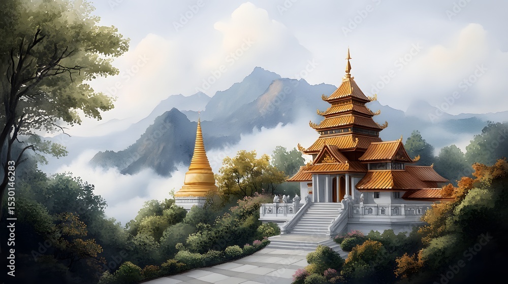 Naklejka premium Serene Golden Temple nestled in Misty Mountains Peaceful Asian Pagoda Landscape